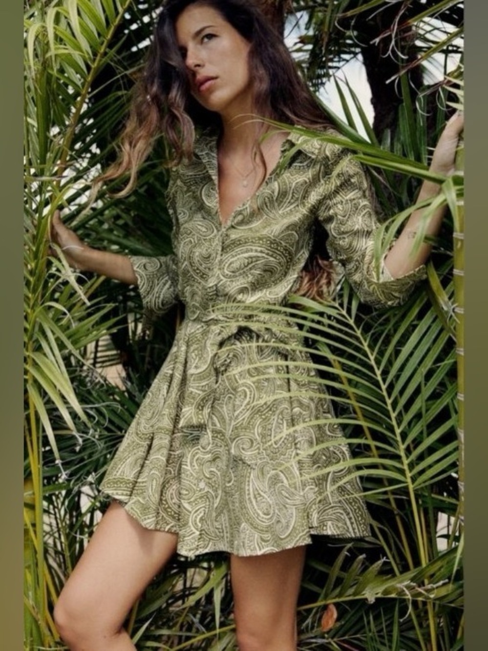 Zara - NWT Green And White Paisley Print Button Front Long Sleeve Mini Dress XS